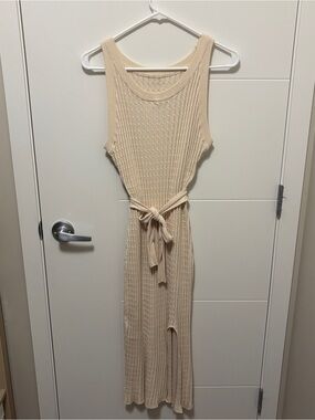 Sleeveless Knit MATERNITY Maxi Dress with Self Tie Belt - Cream